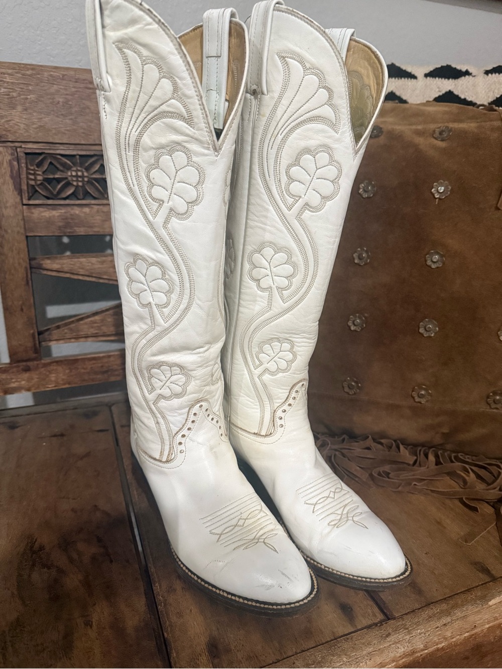 White Embroidered Leather Over-the-Knee Western Boots for Women